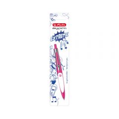 Herlitz My.Pen Długopis automatyczny szkolny, niebieski wkład, różowow-biały 