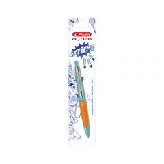 Herlitz My.Pen Długopis automatyczny szkolny, niebieski wkład, turkusowo-pomarańczowy