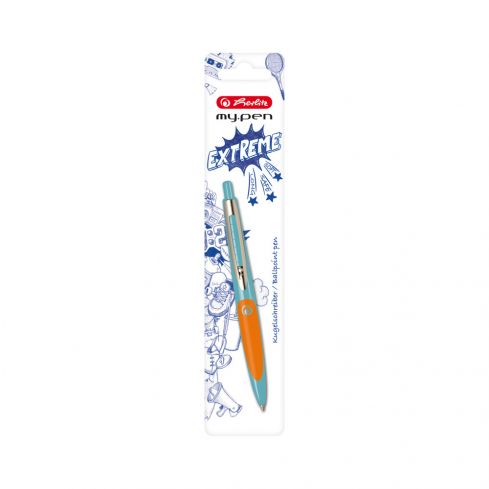 Herlitz My.Pen Długopis automatyczny szkolny, niebieski wkład, turkusowo-pomarańczowy